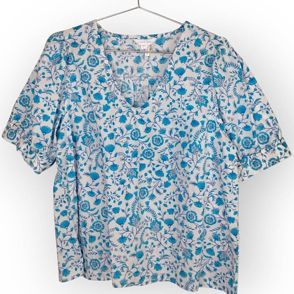 Draper James Womens Top Sz Large V-Neck‎ Puff Sleeves Blue Paisley Cottagecore